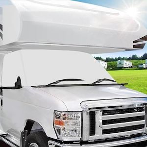 kogan: 46718: Mofeez RV Windshield Cover Compatible with Class C Ford 1997-2024, UV Block Offer Complete Privacy with Light Preserves Interior White Color with Mirror Cutouts