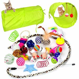 Pet: Youngever 24-Piece Cat Toy Assortment (2-Way Tunnel, Feather Toy, Mouse, Crinkle Balls) for Cats, Puppies, and Kittens