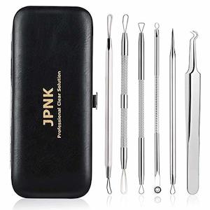 Skin Care: JPNK 6-Piece Comedones Extractor Acne Removal Kit (Blackhead Remover) for Popping Blemish, Whitehead, and Zit Removing on Nose and Face, Includes Leather Bag (Silver)