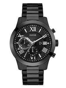 Watches: GUESS Stainless Steel Black Ionic Plated Chronograph Bracelet Watch with Date. Color: Black Model: U0668G5