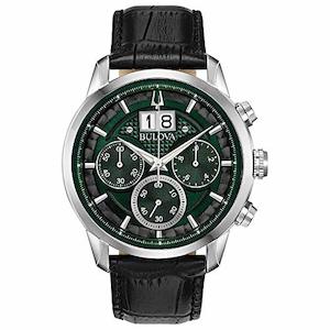 Watches: Bulova Men's Classic Sutton 6-Hand Chronograph Calendar "Big Date" Leather Strap Quartz Watch, Domed Mineral Crystal, 44mm