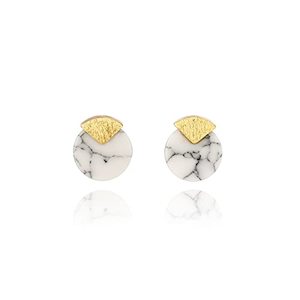 Earrings: White Howlite Circle Marble Stud Earrings (Simulated) - Tiny