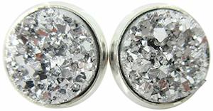 Earrings: Silver Tone Metallic Faux Druzy Stone 12mm Stud Earrings (Silver)