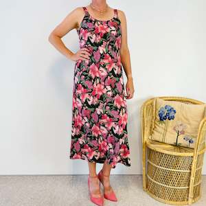 Vintage Hibiscus Print Maxi Dress (L)