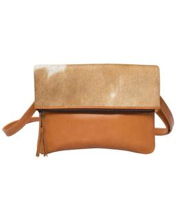 Hand Bags: Tan and White Cowhide Fold-over Bag