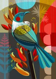 Nz Art: New Zealand Tui In The Flax A3 Art Print