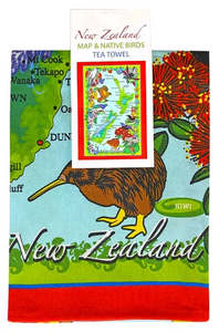Red Border With NZ Birds Tea Towel