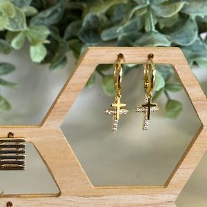 Saints: Earrings - Huggies Sleeper Petite - Cross