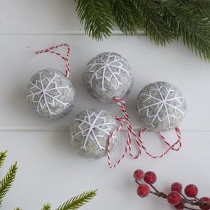 Grey Embroidered Snowflake Balls - Set of 4