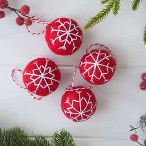 Red Embroidered Snowflake Balls - Set of 4