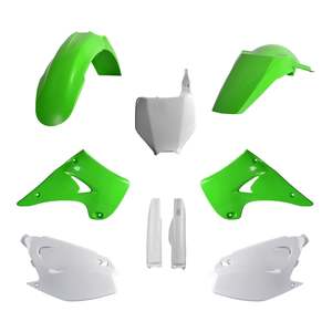 Dirt Plastics: Polisport Full Kit KX125/250 2004-2008 OEM Green / White