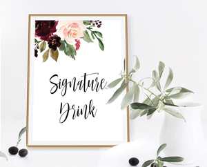 Wedding Table Signs: Burgundy Wedding Signature Drink Sign Template