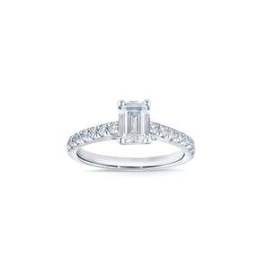 Diamond Rings: 9ct White Gold Emerald Cut Lab Diamond Solitare With Shoulder Lab Diamonds