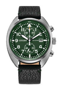 Mens Citizen Eco Drive Chronograph Watch With Green Dial And Leather Strap CA7041-07X