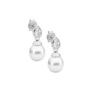 Jewellery Pearls: Freshwater Pearl Earrings With Bezel Set Pear Cubic Zirconia.