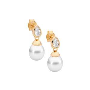 Jewellery Pearls: Ellani Freshwater Pearl Earrings With Bezel Set Pear Cubic Zirconia.