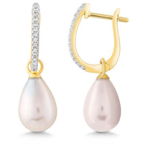 Mothers Day Diamonds 1: Yellow Gold Diamond & White Pearl Earrings