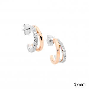 Ladies Ellani Sterling Silver With Rose Gold Plate And CZ Double Hoop Earrings E635R