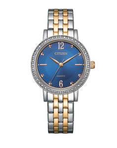 Ladies Citizen Rose And Silver Ananlogue Watch With Blue, Crystal Set Dial
