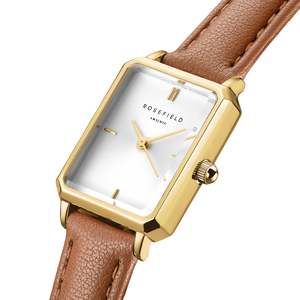 Rosefield: Ladies Rosefield Yellow Gold Rectangle Face With Tan Leather Strap OWBLG-085