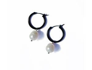 20th Birthday Sale: Stainless Black Plated Hoop With White Freshwater Pearl Silver Fitting On Pearl