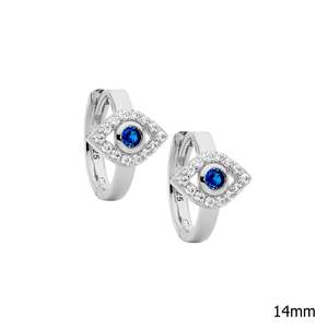Sterling Silver White And Blue Cz Evil Eye Hoop Earrings