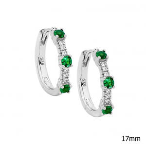 Fashion Jewellery: Ellani Sterling Silver Hoops with Green and Clear CZ E641GN