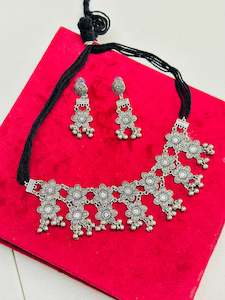 German Silver Oxidised Jewellery: Double layered oxidised necklace set with earrings