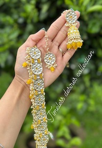 Yellow Colour Jewellery Options: Yellow necklace set with earrings and tikka set