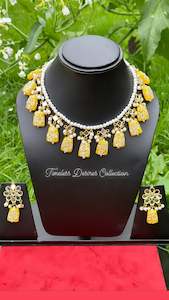 Yellow Colour Jewellery Options: Yellow Choker / Necklace set in mirror with tumbler beads