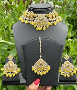 Yellow Choker / Necklace set with pearls & beads in reverse AD ( high quality polki )