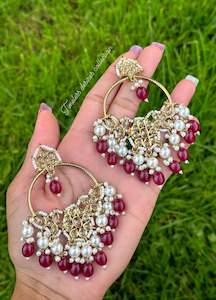 Maroon Colour Jewellery: Maroon earrings in reverse AD ( high quality polki )