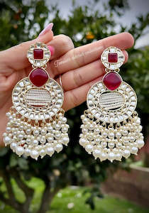 Maroon Colour Jewellery: Maroon White Pearl loaded earrings with Kundan
