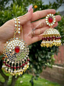 Maroon Colour Jewellery: Maroon Jhumka Earrings and Tikka set in Mirror