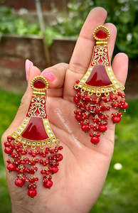 Maroon Colour Jewellery: Maroon Meenakari Earrings with Monalisa stone in Gold Plating