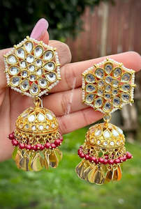 Maroon Jhumka earrings in Kundan with Pipal Patti
