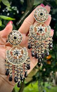 Black pearl drop earrings in Meenakari Kundan