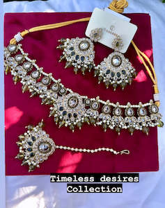 C Mehndi Green Colour Jewellery Options: Mehndi green choker / necklace set in reverse AD ( high quality polki )