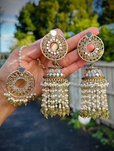 Mehndi green Pearl Drop Jhumka earrings in mirror