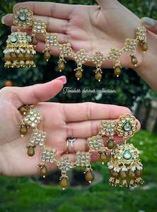 C Mehndi Green Colour Jewellery Options: Mehndi green Jhumka earrings with Sahara in bahubali style