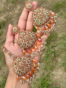 Orange colour earrings with tikka - J21
