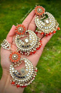 C Orange Colour Jewellery Options: Orange Earrings and Tikka set in mirror