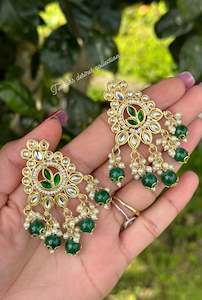C Green Colour Jewellery Options: Green pearl loaded earrings in Kundan