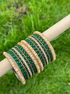 C Green Colour Jewellery Options: Green colour bangles with shiny golden kangan’s ( set of both hands )