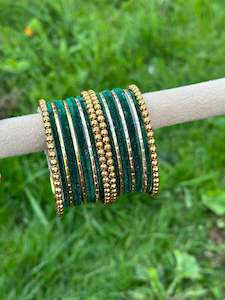 C Green Colour Jewellery Options: Green velvet bangles set with golden beaded kangan’s