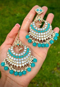 C Sky Blue Colour Jewellery Options: Sky blue earrings and tikka set in mirror