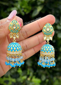 C Sky Blue Colour Jewellery Options: Sky blue Jhumka earrings in Meenakari with gold plating