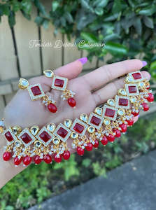 Red Choker / necklace set in Monalisa with Kundan