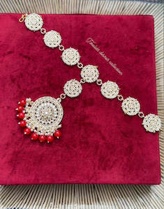 C Red Colour Jewellery Options: Red Matha patti in kundan