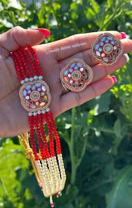 C Red Colour Jewellery Options: Red choker / necklace set with studs in mirror